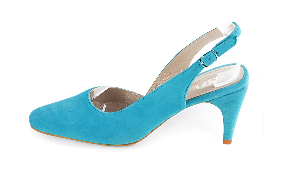 Dress slingback heels in turquoise blue leather with high slim heels and round toe - Profile view